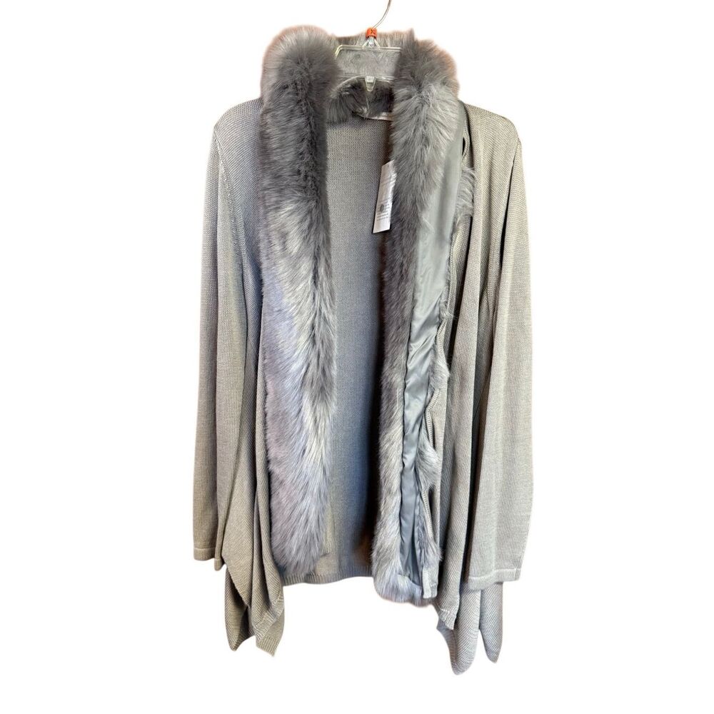 Soft Surroundings grey open-front cardigan fur  Trim & collar Sz S NWT